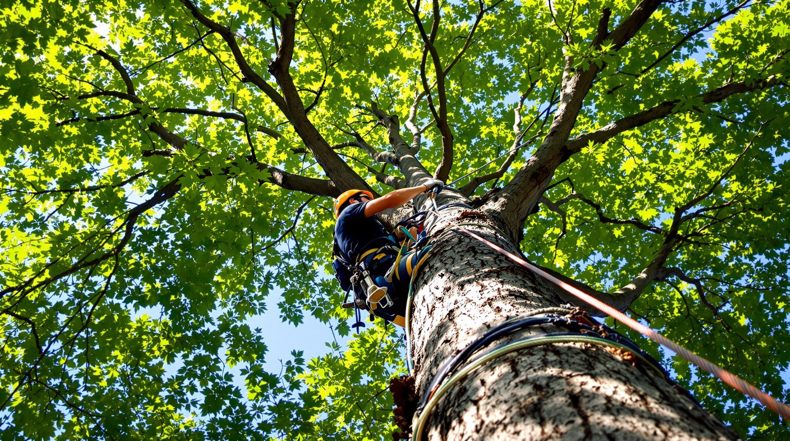 Grimpeur elagueur securise dans un arbre
